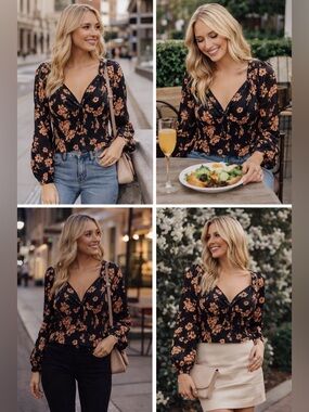 Abercrombie & Fitch Black Floral Twist-Front Long Sleeve Blouse